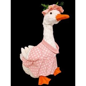 Hobby Lobby Plush Goose Pink Polka Dot Dress Floral Hat Spring Easter Decor